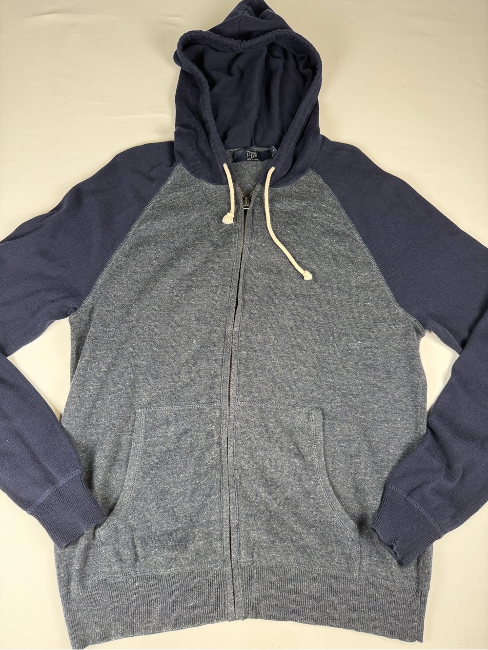 Fitted J. Crew Two-Tone Zip Hoodie - Navy & Heather Gray 100% Cotton size L